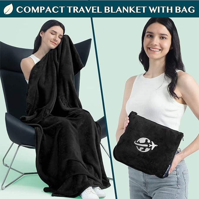 PAVILIA Travel Blanket and Pillow, Arms Opening Airplane Blankets for Adults, Compact Plane Blanket with Arm Hole 2-in-1 Bag for Flight Car Camping Fit in Luggage Backpack Traveler Gift, Black