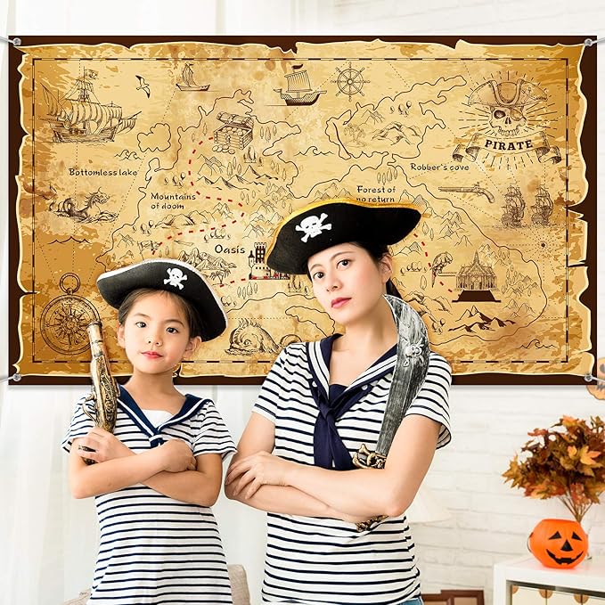 Blulu Pirate Theme Background Jewelry Map Banner Photography Background School Party Carnival Birthday for Great Party Decoration