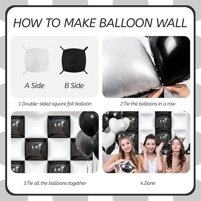 50 PCS Black and White Square Foil Balloon Wall, 19'' Double Sided Checkered Balloon Tunnel Arch Kit for Checkerboard Racing Themed Birthday Party, Bachelorette, Decoration