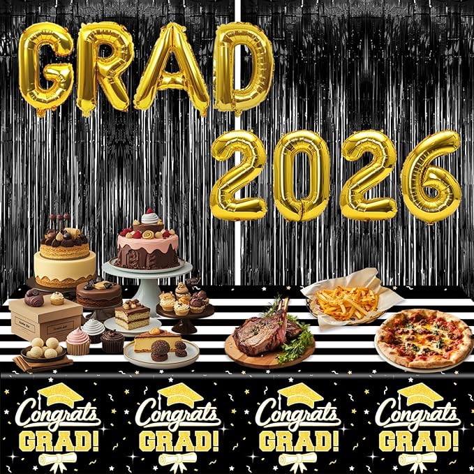 7-Pack Graduation Party Decorations Set, 3 Black Gold Graduation Tablecloths 54x108in, 2026 and Grad Balloons, 2 Foil Fringe Curtains for High School College Graduation Party Photo Booth