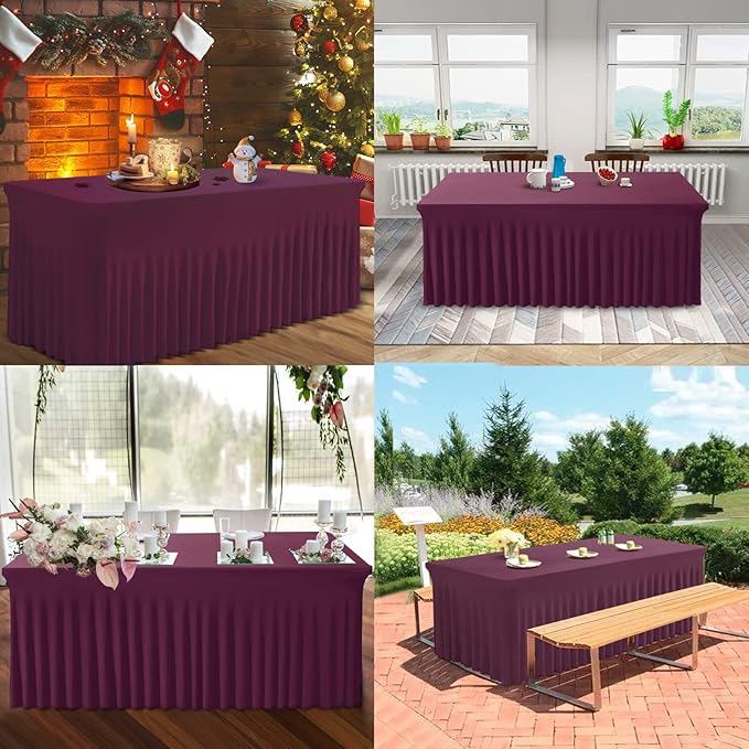 Table Skirts for Rectangle Tables 8ft - 2 Pack One-Piece Burgundy Tablecloths and Skirt, Wrinkle Resistant Ruffles Elastic Cover for Banquets, Weddings, Events, Parties
