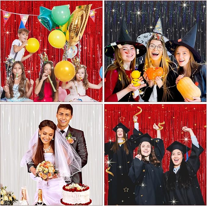 QRabbit 4 Pack Black Tinsel Foil Fringe Curtains - 3.3x6.6 Ft Metallic Party Streamers Backdrop for Birthday Wedding Christmas Party Decor, Self-Adhesive Photo Booth Wall Door Decorations