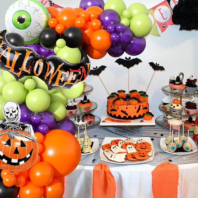 Halloween Balloons Garland Arch Kit, Orange Green Purple Balloons Arch Kit with Big Green Ghost Eye and Bat Skull Pumpkin Foil Balloon, Halloween Party Balloons For Home Garden Birthday Decorations