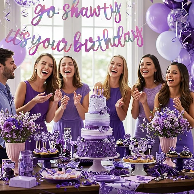 BEISHIDA Go Shawty It's Your Birthday Banner NO DIY Hip Hop Theme Happy Birthday Banner Pre-Strung Rap Theme Happy Birthday Sign for Man Women birthday Party Supply Double-Sided Rainbow Purple