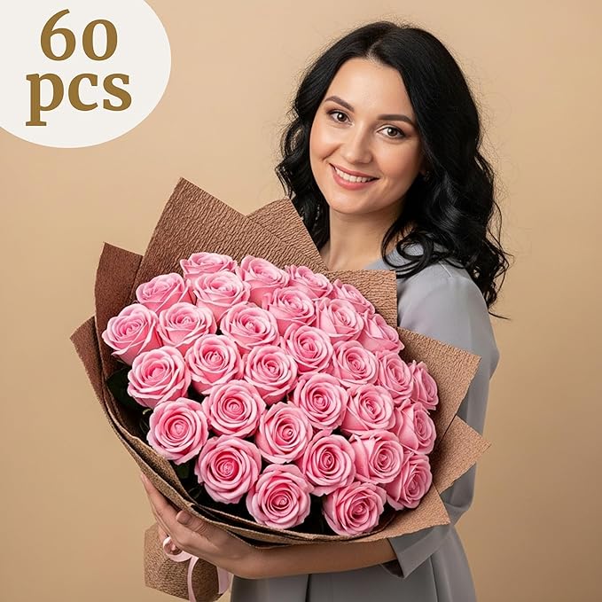 Auihiay 60PCS Pink Roses, Artificial Roses, Velvet Silk Fake Roses, Realistic Pink Artificial Flowers for Wedding Centerpieces, Bridal Bouquets, Home Decor, Anniversary, Spring Easter Decorations