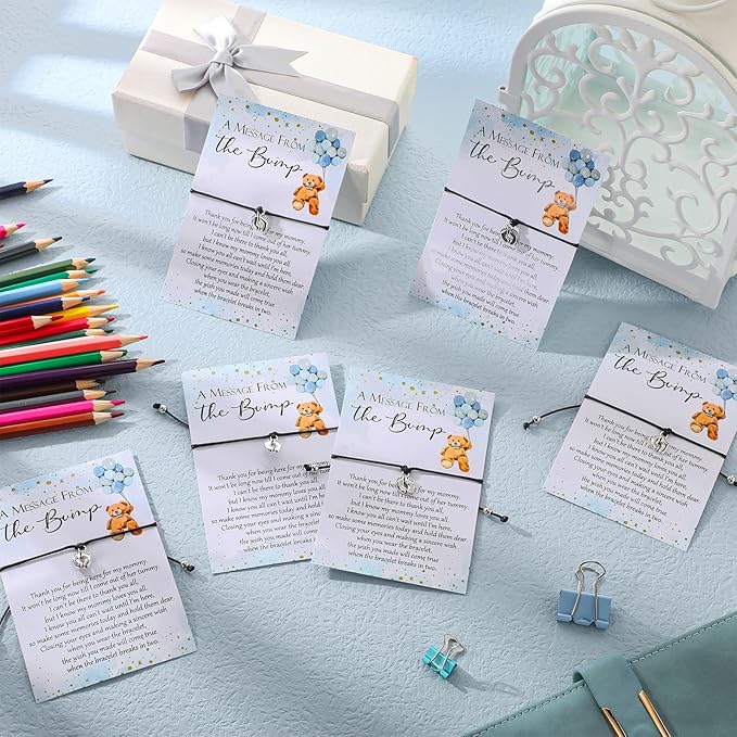 Thyle 25 Set Blue Bear Baby Shower Favors for Guests Adjustable Bracelets with Message from The Bump Card Footprints Charm Baby Shower Bracelets for Gender Reveal Thank You Gifts