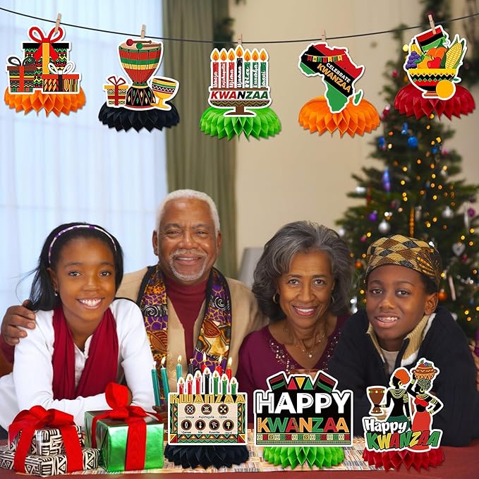 JULMELON 8PCS Kwanzaa Table Decorations Honeycomb Centerpiece, Kwanzaa Decor Traditional African Drum Candlestick Table Toppers Happy Kwanzaa Decorations for Office Home Party Favors Supplies