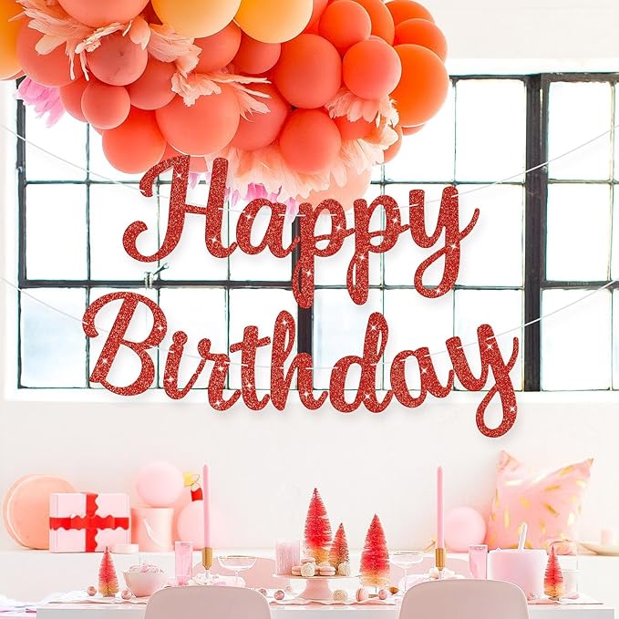 Glitter Happy Birthday Banner Sign Birthday Garland Wall Door Banners Flag for Women Men Boys Girls Party Backdrop Decorations Red