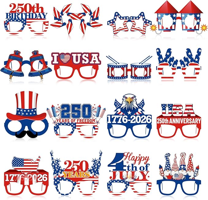 Pajean 32 Pcs 250th USA Patriotic Party Decorations Eyeglasses 250th Anniversary Themed Paper Glasses Supplies USA Patriotic Photo Booth Props Frame for Independence Day Memorial Decor Favors Supplies