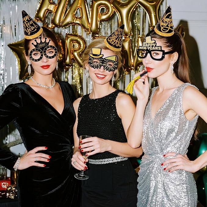 hoyuwak 24 PCS New Years Eve Party Supplies for 6 Guests Happy New Years Party Favors Decorations Including 6 Top Hat 6 Black Gold Glasses 12 Blowouts