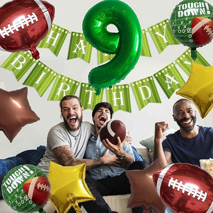 Football Balloons Foil Football Birthday Decorations Balloons Green Number 9 Balloon Gold Brown Star Touchdown Ballons for Rugby Birthday Decorations Sports Ballons Arch Kits Party Balloon Sets 9pcs