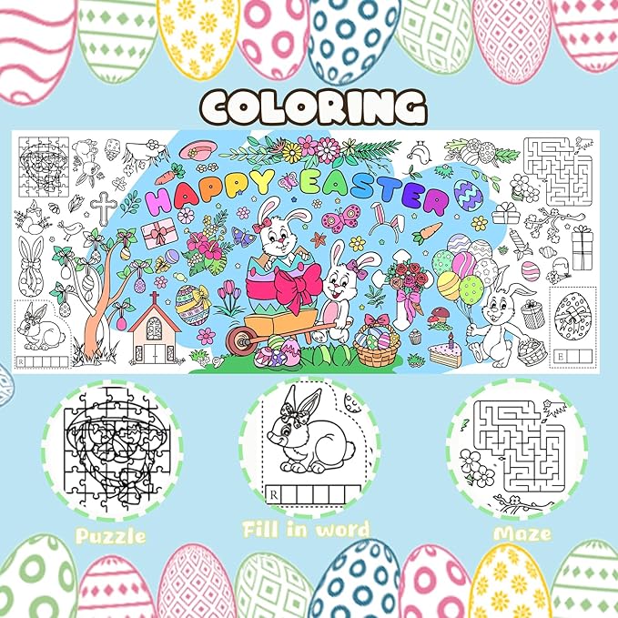 Easter Giant Coloring Poster/Tablecloth, Crafts for Kids, 30 x 72 Inches Jumbo Coloring Banner, Versatile Paper Table Cover for Easter Party Favors, Wall Decoration