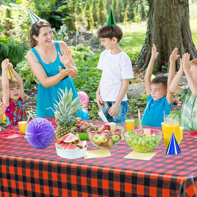 4 Pack Buffalo Plaid Tablecloths - 51x86 Disposable Plastic Red and Black Lumberjack Checkered Tablecloth for Party, Picnic, Camping, Barbecue, Christmas, Holiday Table Decor