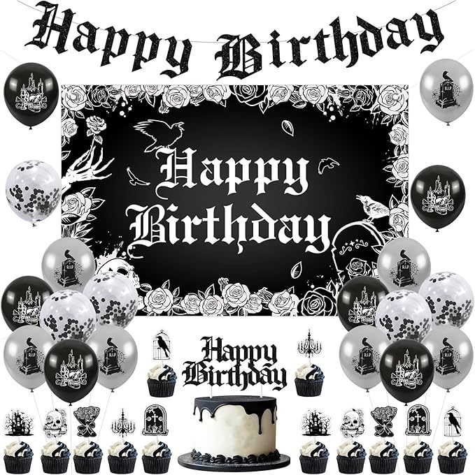 Gothic Birthday Decorations, Skull Theme Happy Birthday Backdrop Cake Topper Banner, Black Silver Cupcake Picks Balloons Bday Party Supplies Photography Background for Men Women