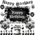 Gothic Birthday Decorations, Skull Theme Happy Birthday Backdrop Cake Topper Banner, Black Silver Cupcake Picks Balloons Bday Party Supplies Photography Background for Men Women