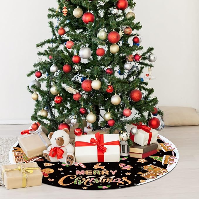 Capoda Black Christmas Tree Skirt Gingerbread Man Candy Christmas Tree Skirt 48 Inch Xmas Tree Mat Gingerbread Christmas Tree Skirts Mat for Holiday Christmas Party Decorations Indoor Outdoor