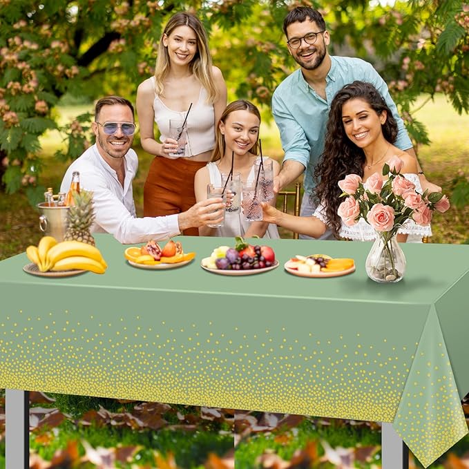 6 Pack Sage Green and Gold Plastic Tablecloth, Green Disposable Table Cloth for Rectangle Tables, Gold Stamping Dot Light Green Tablecloth for Baby Shower Birthday Wedding Party Decorations, 54"x108"