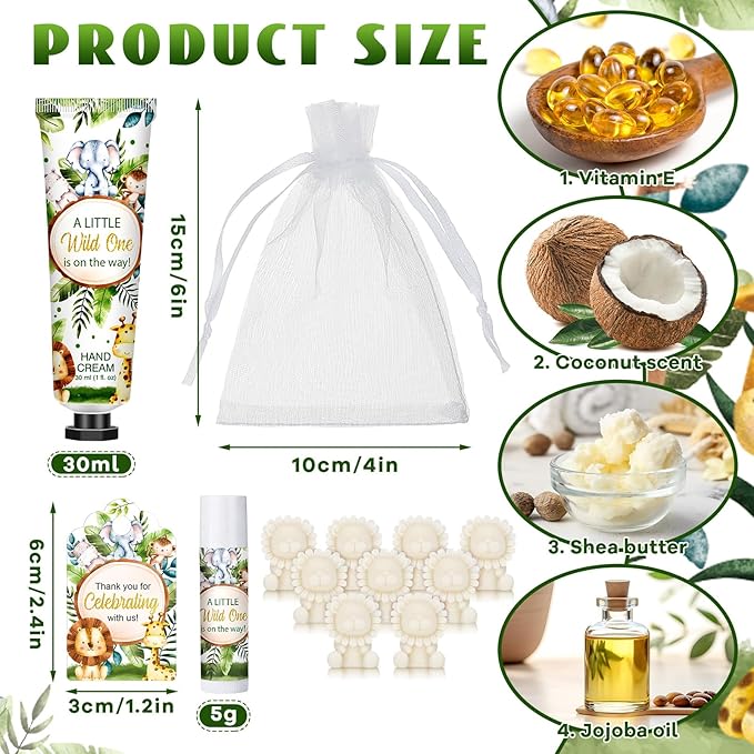 Loopeer 30 Set/150 Pcs Jungle Safari Baby Shower Favors for Guests Gifts Hand Cream Lip Balm Soap Party Favors Gifts Travel Size with Organza Bags, Thanks You Card for Baby Shower Birthday Wedding