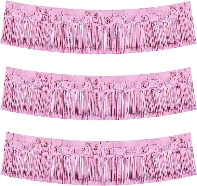 BEISHIDA 3 Packs Metallic Foil Fringe Garland Pink Wall Hanging Tinsel Fringe Banners for Car Floats Birthday Baby Bridal Shower Wedding Graduation Holiday Party Decoration(30 Feet)