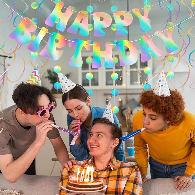 Happy Birthday Banner Iridescent Party Decorations, Fufuddz Funny Birthday Sign, Pre-Strung Holographic Garland & Hanging Swirls Decor for Disco Bachelorette, Girls Women 21st 30th 40th 50th 60s 70s