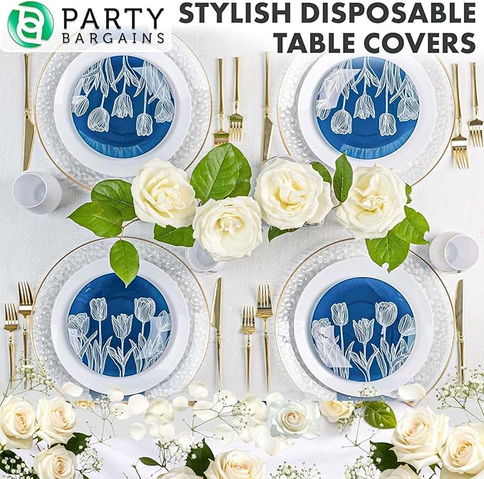 PARTY BARGAINS Disposable Table Covers, 54 x 108 Inch, White, 3-Ply Paper & Plastic Spill-Resistant Party Tablecloths, 40 Pack