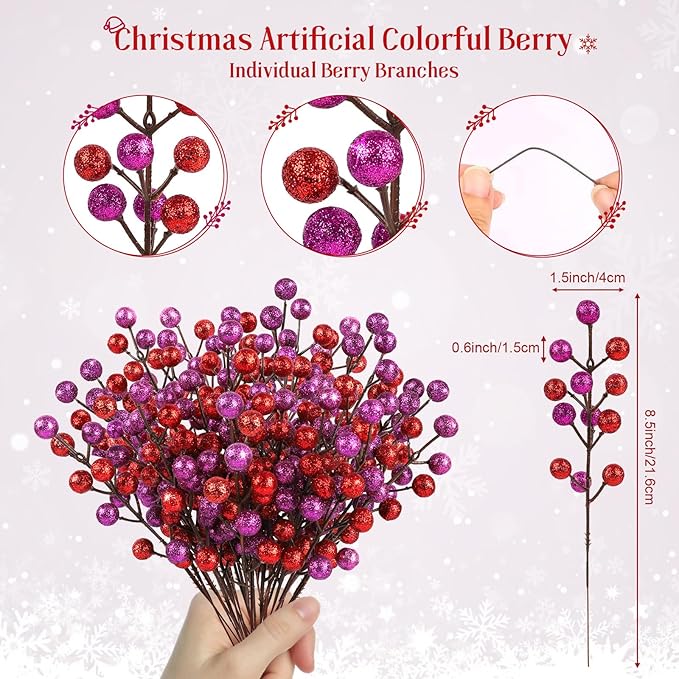 HOHOTIME 24 Pack Artificial Berry Stems Branches, Christmas Faux Holly Berries Branches Ornaments for Christmas Tree Wreath DIY Craft Decorations Holiday Home Decor