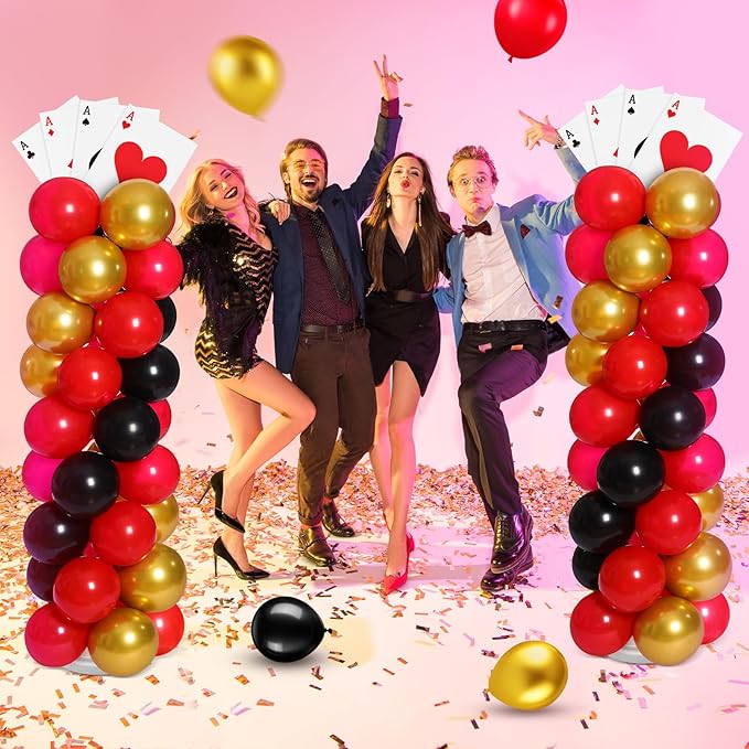 2 Sets Casino Theme Party Decoration Adjustable Poker Themed Balloon Column Stand Kit 8 Pcs Jumbo Poker Cards 129 Pcs Balloon Set for Las Vegas Game Night Birthday Party Supplies(Red Black and Gold)
