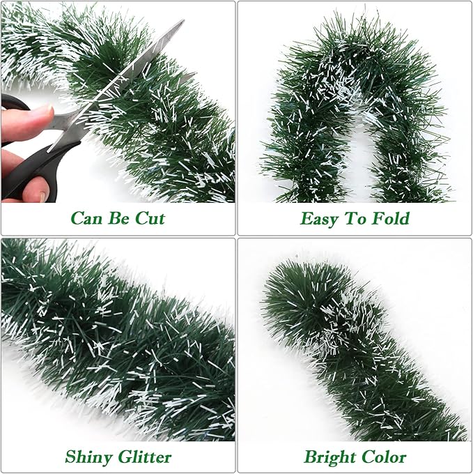 50Ft Christmas Tinsel Garland, Green Metallic Twist Garland for Christmas Tree Decorations, Xmas Tree Decor for Holiday Party Supplies (Green)