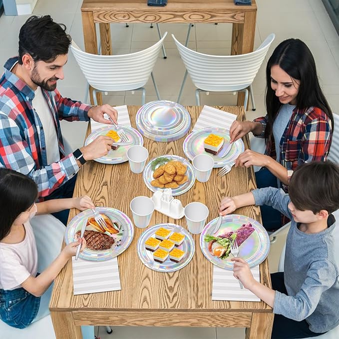 144pcs Iridescent Party Supplies Iridescent Party Tableware Set Serve 24 Guests Includes Holographic Paper Plates Cups Napkins Forks for Baby Shower Mermaid Birthday Party