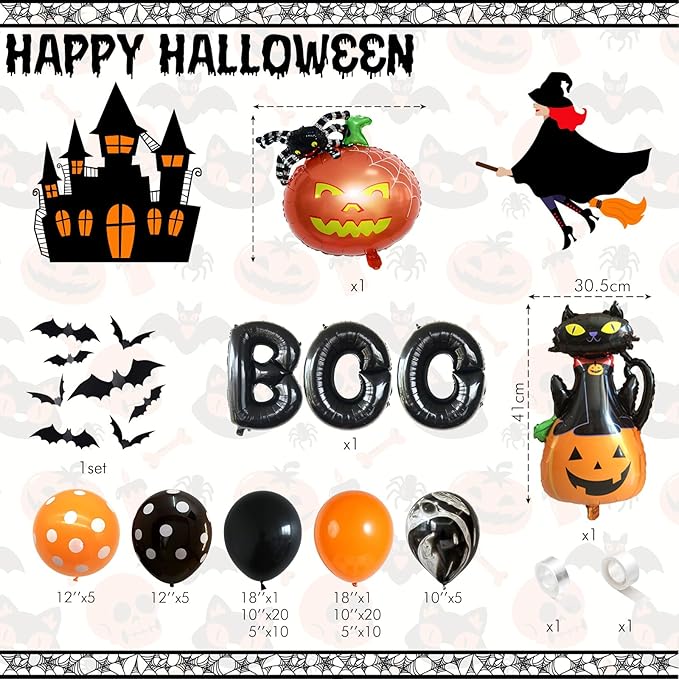 Halloween Balloon Arch Garland Kit, Orange and Black Balloon Arch Kit with 3D Bat Stickers, Boo Spider Bat Pumpkin Cat Pumpkin Spider Foil Balloons Polka Dot Balloons for Halloween Decorations
