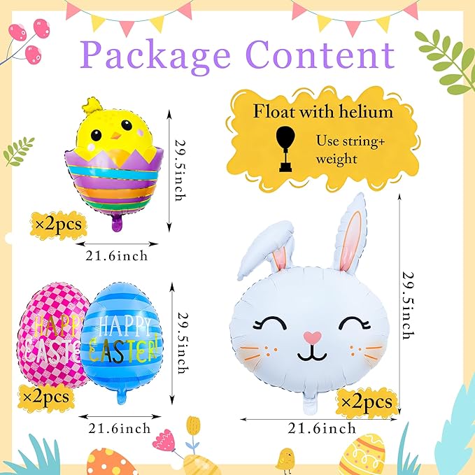 Easter Bunny Balloons Set Cute Rabbit, Chick & Happy Easter Egg Foil Balloons Spring Holiday Bunny Balloon for Kids Baby Shower Decor