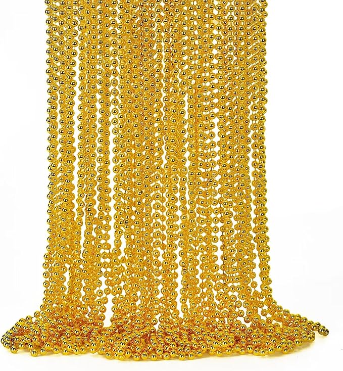 50PCS Mardi Gras Beads, Gold Bead Necklace Stuff, 33" Mardi Gras Christmas Beads Necklace Costume, Festival Parade Throw Accessories for Mardi Gras St Patricks Xmas Wedding Birthday Supplies Decor