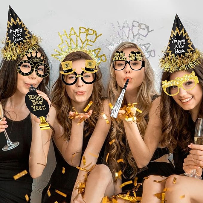 2026 New Year's Eve Party Supplies,36 Pcs Happy New Year Party Supplies Kit,Including 6 Hats, 6 Headband Tiara,12 Glasses,12 Noise Makers(Serve 12)