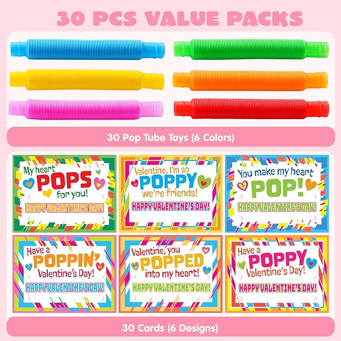 JOYIN 30 Packs Valentines Day Pop Tubes Fidget Toys for Kids, Stretchy Tube Stress Relief Fidget Toy for Kids Valentine's School Classroom Exchange Gift Rewards Party Favors Classroom Gifts
