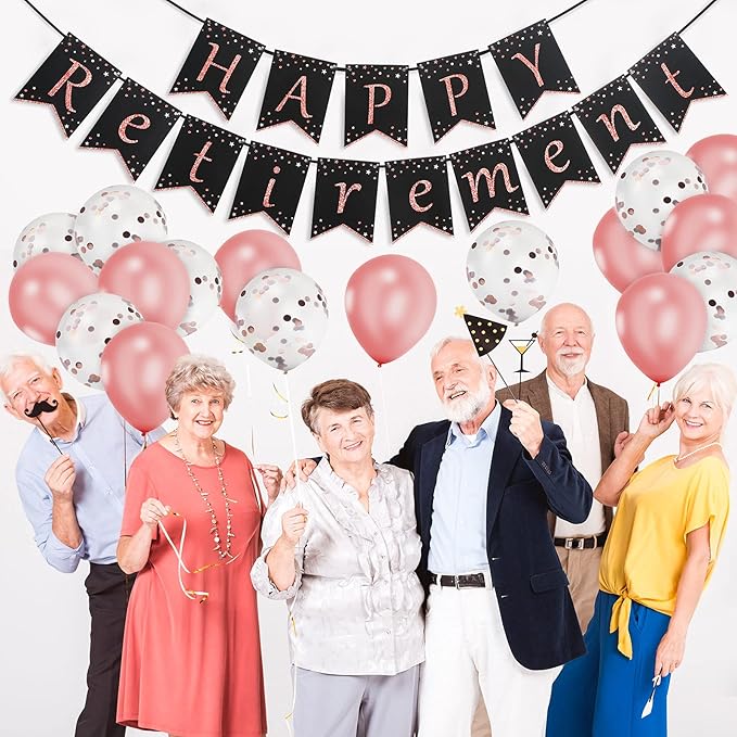 Tenare 44 Pcs Retirement Party Decorations Retirement Party Banner Balloons Confetti Hanging Swirls Decor Kit for Women Party Indoor Outdoor Supplies(Black and Rose Gold)