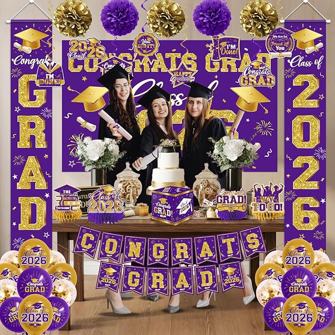 2026 Graduation Decorations - Purple Congrats Grad Party Supplies include Card Box, Backdrop, Banner and Balloons for Class of 2026 Decorations Set