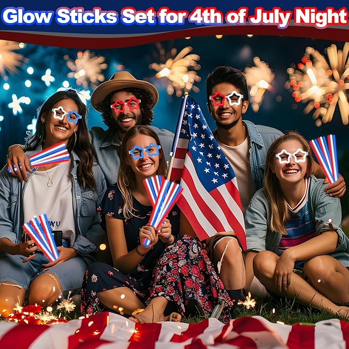126 PCS 4th of July Glow Sticks Bracelets Necklaces with Connectors, 6 Red White Blue Glasses Glow in The Dark Party Supplies, Light Up Party Favors for Kids Adults, 250th Anniversary USA Accessories