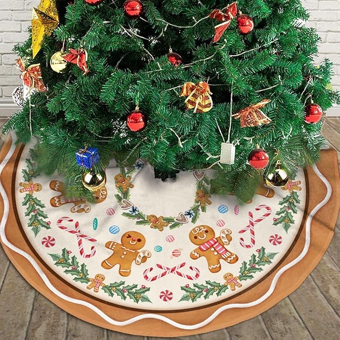 Candy Gingerbread Man Christmas Tree Skirt Xmas Tree Mat Halloween Thanksgiving Christmas Tree Ornaments Decorations Holiday Party Indoor Outdoor 36"