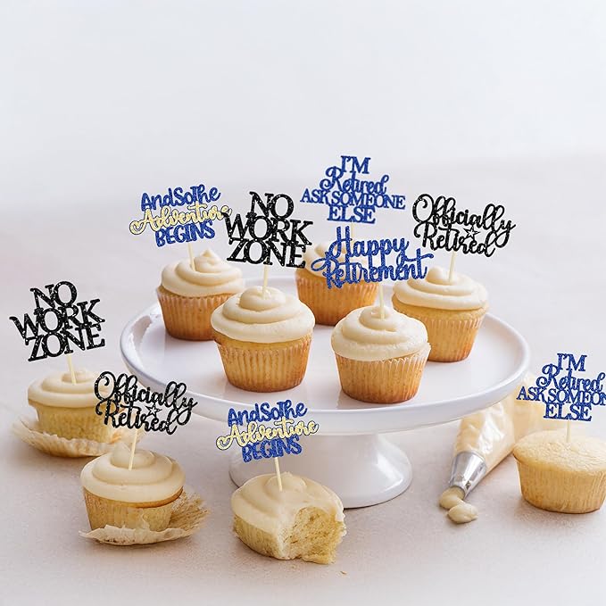 Gyufise 30Pcs Happy Retirement Cupcake Toppers Officially Retired Cake Toppers No Work Zone Adventure Begins Cupcake Picks for Retirement Theme Farewell Birthday Party Decorations Supplies Blue Black