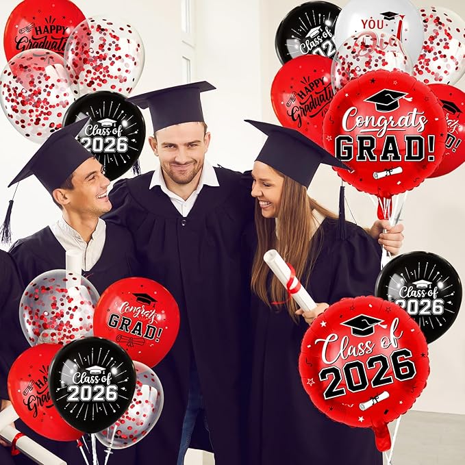 Red and Black Graduation Balloons Graduation Decorations 2026, 51Pcs Grad Latex Balloons and Grad Foil Balloon with Confetti Ribbons Grad Party Decorations for College High School