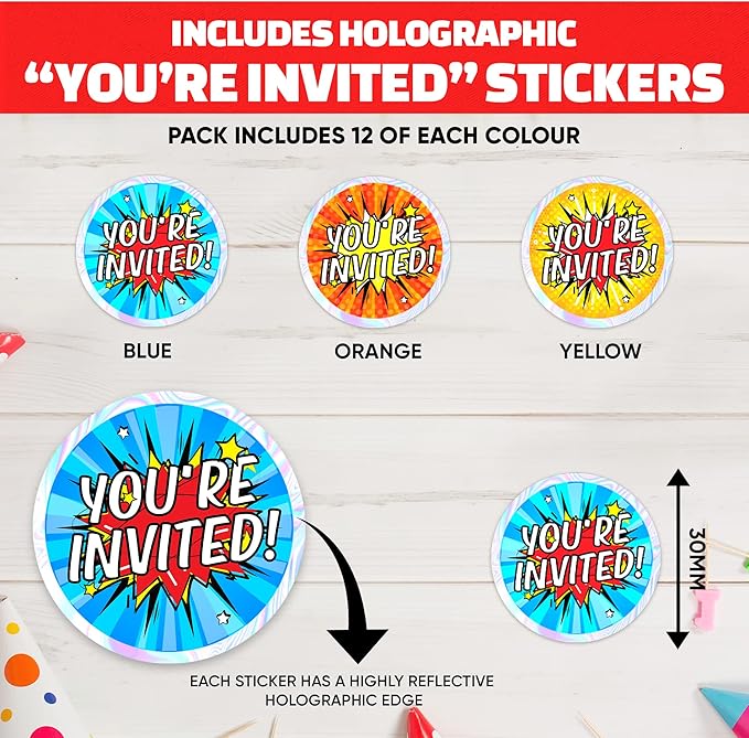 36 Kids Childrens Birthday Party Invitations with Folding Envelope Design and Holographic Stickers (Rainbow)