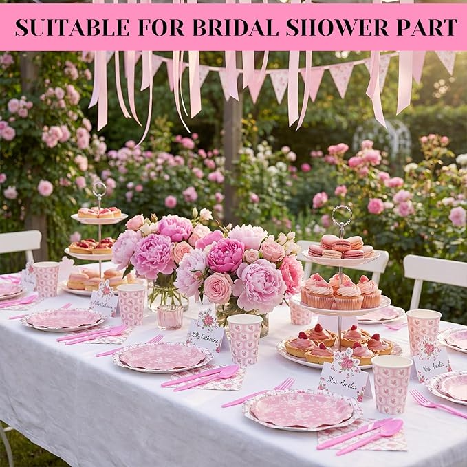 Shellwei 410 Pcs Tea Party Supplies Elegant Floral Paper Plates and Napkins Set Disposable Party Tableware Sets with Cups Knives Forks Spoons Seat Card Favors for 50 Guests