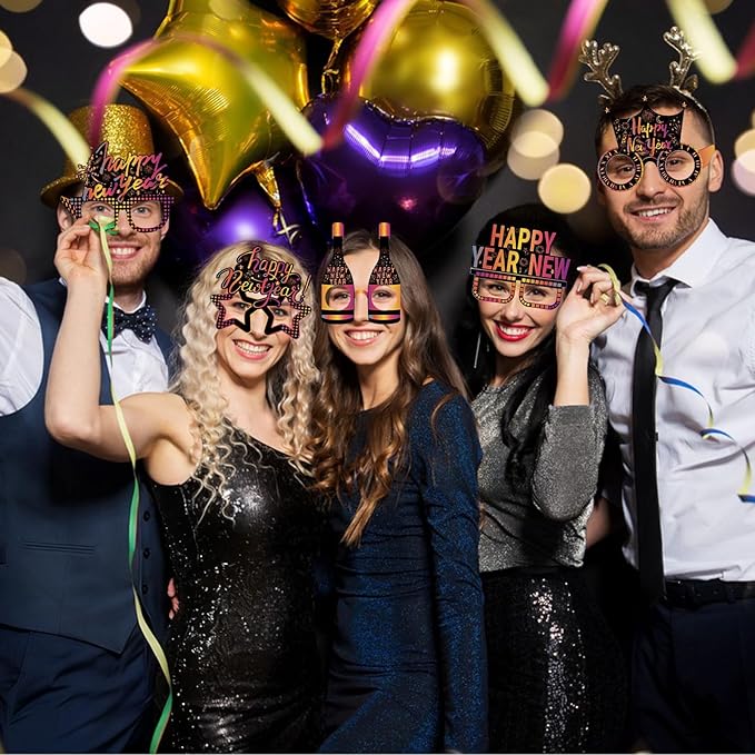 12PCS New Year Glasses, Funny New Years Eve Party Paper Glasses Photo Booth Props 2026 Eyeglasses Frames for NYE Party Supplies Decorations 2026