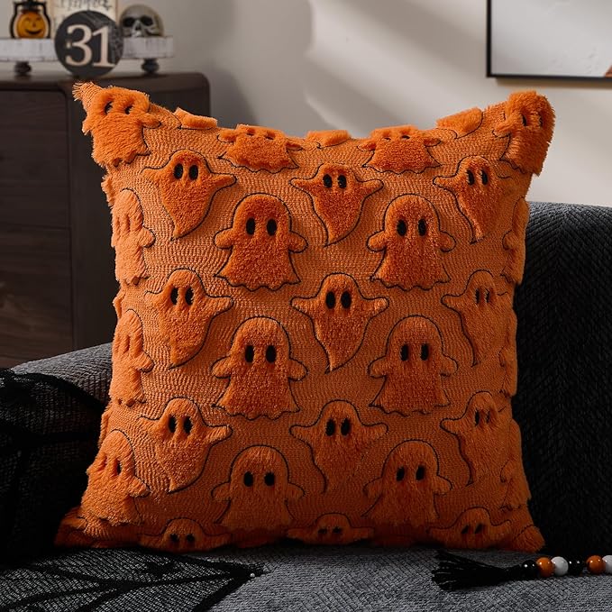 DFXSZ Halloween Pillow Covers 18x18 inch Set of 2 Orange White Ghost Throw Pillow Cases Soft Plush Faux Fur Wool Couch Cushion Case for Chair Sofa Bedroom Living Room Home Decor PTK03K18