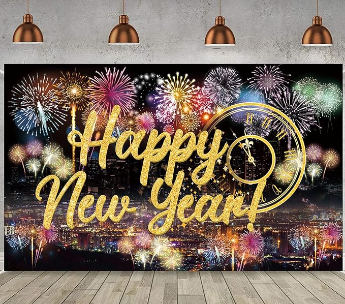 Famoby Happy New Year Fabric Sign Poster Backdrop with Fireworks for New Year Photo Booth Background Party Decoration