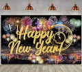Famoby Happy New Year Fabric Sign Poster Backdrop with Fireworks for New Year Photo Booth Background Party Decoration
