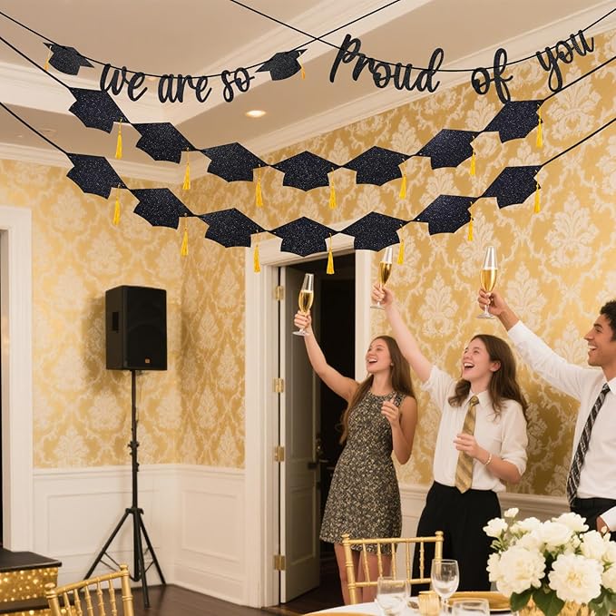 Graduation Decorations 2026, Pre-Strung We Are So Proud of You Banner, Double-Sided Glitter Graduation Banner with Gold Tassels, 2026 Grad Party Decor for College