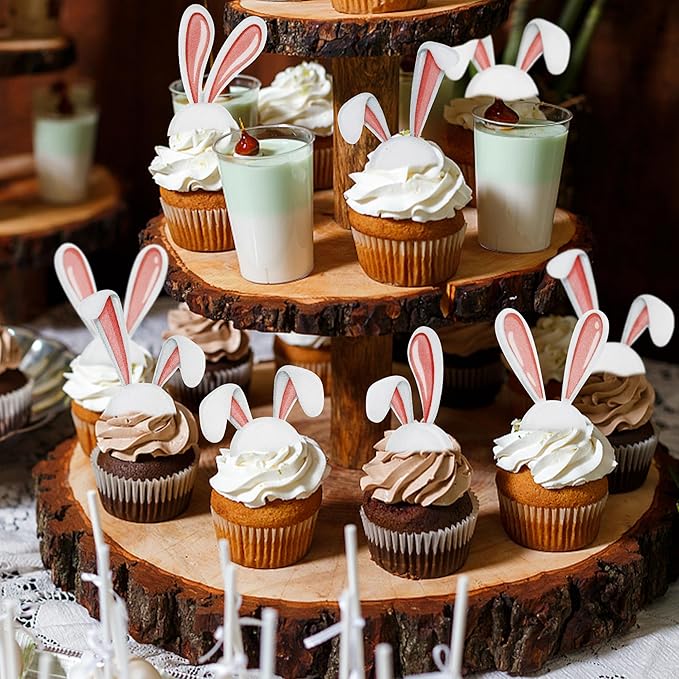 Ercadio 40Pcs Edible Easter Bunny Ear Cupcake Toppers Edible Rabbit Ears Cupcake Picks Drink Toppers for Easter Rabbit Theme Baby Shower Kids Boys Girls Birthday Party Cupcake Decorations Supplies