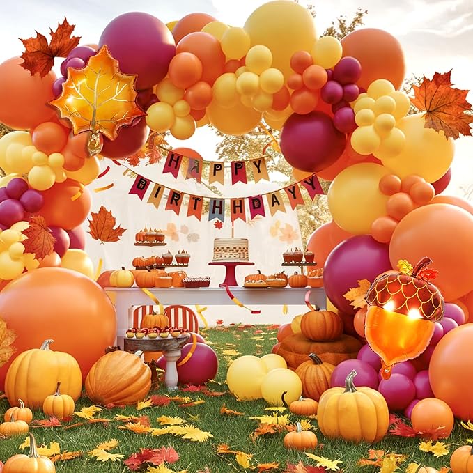Fall Balloon Arch Kit - Burnt Orange, Burgundy, Yellow Maple Leaves Pine Cone Balloons for Autumn Decorations, Baby Shower, Thanksgiving Festival