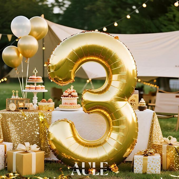 AULE 40 Inch Big Gold 3 Balloon Number Large Foil Helium Number Balloons 0-9 Jumbo Giant Happy 3rd Birthday Party Decorations for Boy or Girl Huge Mylar Anniversary Party Supplies
